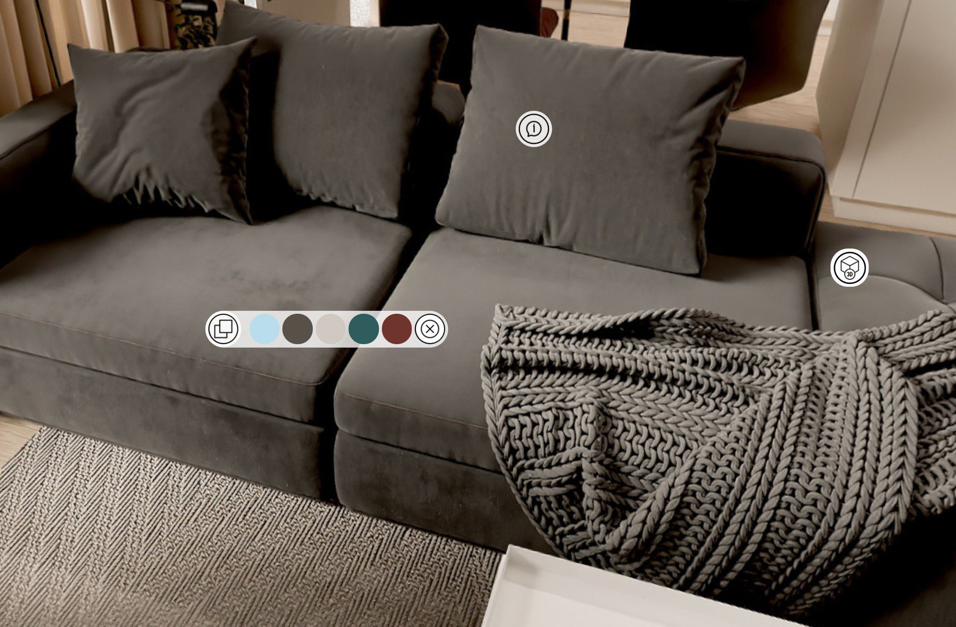 Produktvarianten Auswahlmöglichkeiten verschiedener Sofa Stofffarben.